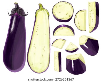 This is a set of illustrations of eggplant cut in various ways: whole, halved, cross-sectioned, round slices, strips, batons, crescents, irregular slices, etc. Can be used for illustrations and diagrams of cooking-related designs.