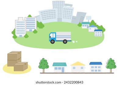 This is a set of illustrations of a landscape of buildings, trucks, cityscapes, and cardboard boxes. You can use this set for images of moving and transportation.