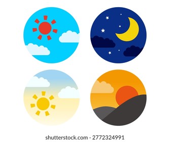 This is a set of illustrations for morning, noon, evening, and night.