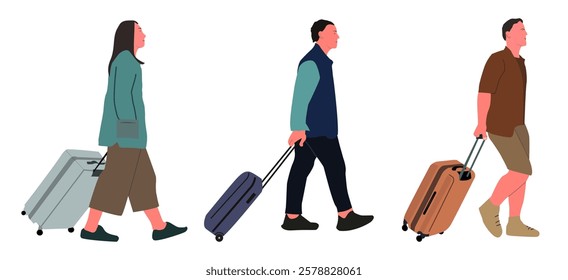 This Set of Illustrations of People Carrying Suitcases perfectly captures the essence of travel, tourism and business trips.