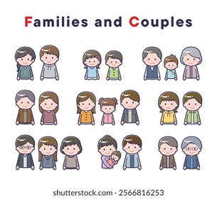 This is a set of illustrations of people in families and couples.