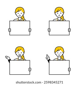 This is a set of illustrations of people holding panels.