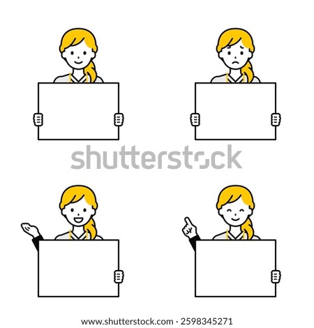 This is a set of illustrations of people holding panels.