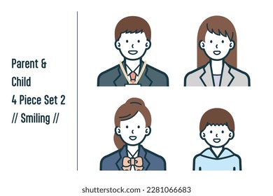 This is a set of illustrations of a Smiling parent and child.
