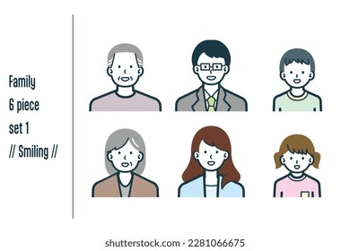 This is a set of illustrations of a Smiling three-generation family.