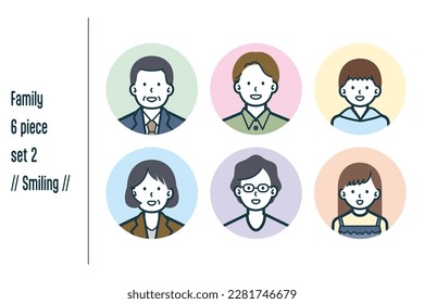 This is a set of illustrations of a Smiling three-generation family.