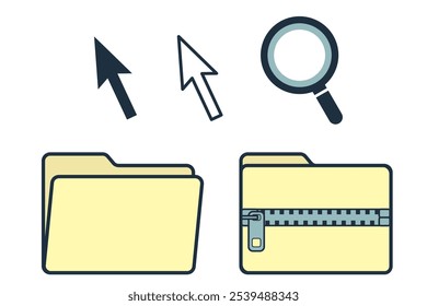 This is a set of illustrations that depict folders, arrow pointers, and a search magnifying glass used on a computer.