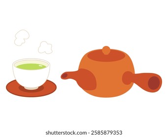 This is a set of illustrations of a Tokoname ware teapot, tea tray, and teacup filled with tea.