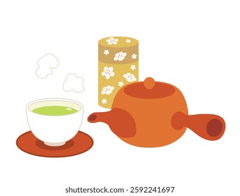 This is a set of illustrations of a Tokoname ware teapot, tea canister, tea tray, and teacup filled with tea.