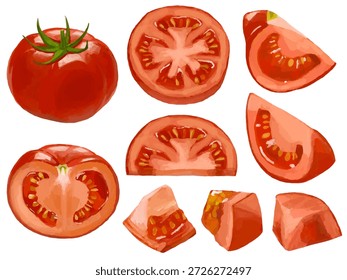 This is a set of illustrations of tomatoes cut in various ways: whole, halved, cross-sectioned, wedged, and chopped. They can be used for illustrations and diagrams of cooking-related designs.