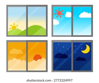 This is a set of illustrations of windows for morning, noon, and night.