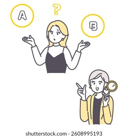 This is a set of illustrations of a woman comparing two things and a woman with a magnifying glass. vector.