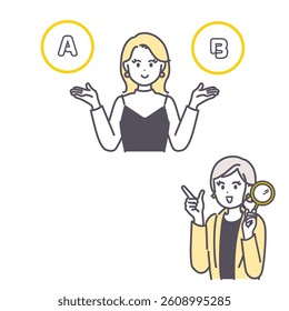 This is a set of illustrations of a woman comparing two things and a woman with a magnifying glass. vector.