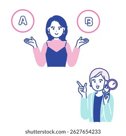 This is a set of illustrations of a woman comparing two things and a woman with a magnifying glass. vector.
