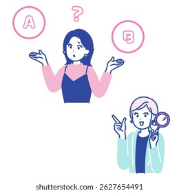 Este é um conjunto de ilustrações de uma mulher comparando duas coisas e de uma mulher com uma lupa. vetor.