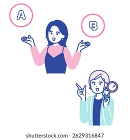 This is a set of illustrations of a woman comparing two things and a woman with a magnifying glass. vector.
