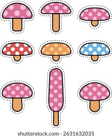 This set includes 9 colorful mushroom illustrations with matching polka dot designs. Perfect for kids, nature-themed projects, sticker decorations, or educational materials.