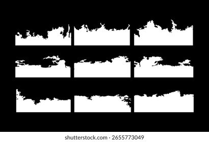 Este conjunto inclui 9 máscaras de borda de tinta grunge exclusivas com texturas de traçado de tinta ásperas, angustiadas e orgânicas. Ideal para uso em sobreposições de fundo, banners, design de cartaz ou arte digital grunge.