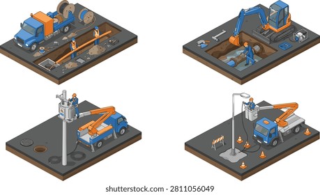 This set includes four isometric scenes featuring pipe repair, cable laying, and utility pole maintenance by professional workers and technicians. Ideal for city planning infographics, public utility company websites, and civil engineering educational materials.
