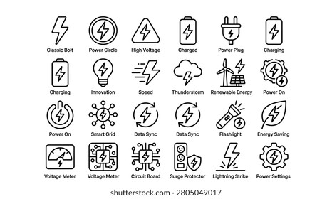 This set includes line art icons representing electric power, charging, innovation, speed, thunderstorms, renewable energy, smart grids, data sync, flashlights, energy saving, voltage meters, circuit boards, surge protectors, lightning strikes, and power settings.