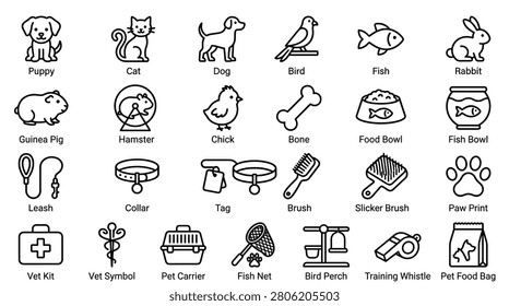This set includes line icons for various pet care elements, featuring items like puppy, cat, dog, bird, fish, rabbit, guinea pig, hamster, chick, bone, food bowl, fish bowl, leash, collar, tag, brush, slicker brush, paw print, vet kit, vet symbol, pet carrier, fish net, bird perch, training whistle, and pet food bag, perfect for pet-related businesses and applications.