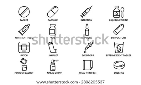 This set includes line icons for various medical drugs and pharmaceutical forms, featuring items like tablet, capsule, injection, liquid medicine, ointment tube, vial, ampoule, suppository, patch, inhaler, eye drops, effervescent tablet, powder sachet, nasal spray, oral thin film, and lozenge, perfect for healthcare and pharmacy-related designs.