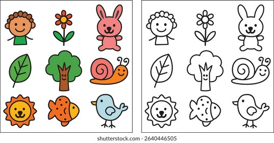This set includes nine unique hand-drawn doodle icons, designed in a colorful style, suitable for various projects. The icons are easily scalable and adaptable for different applications.