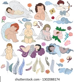 This set includes over 20 hand drawn illustrations, perfect for any card and decor, and much much more. Included in the set is a set of different angels, flowers and clouds to set your imagination 