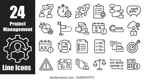 This set includes project management line icons. These are useful for web page elements or for reports. The icons are black and white.