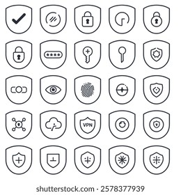  This set includes sleek and professional silhouettes of locks, shields, surveillance cameras, cyber security symbols, biometric authentication, security guards, alarm systems, and more. Perfect for