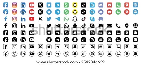 This set includes socials and contacts icons, featuring modern and minimalist designs. Perfect for websites, apps, and presentations, these scalable icons are fully customizable for print