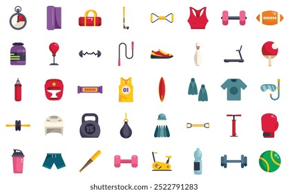 This set includes various icons related to sports, gym workouts, and fitness training
