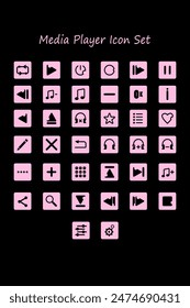 This set includes various pink icons essential for key functions in media playback, designed in a modern and intuitive style to provide a smooth and aesthetic user experience.