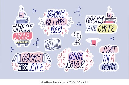 This set of inspirational stickers showcases hand-lettered phrases with a focus on books and reading. Bold and fun typography with book-themed illustrations in calming neutral colors