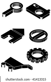 This is a set of isometric 3D icons. White portions of icons are cut away so background color can be seen through.