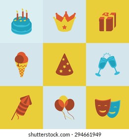 This is set of isometric colorblock design icons of birthday.There are nine icons including cake, ice-cream, crown, gift box,glass with champagne,party hat, mask,balloon,firework