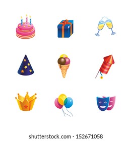 This is set of isometric design icons of holiday topic. All you need for party is there. 9 icons including cake, ice-cream, crown, gift box,glass with champagne,party hat, mask,balloon,firework