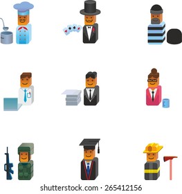 This is set of isometric design icons of job topic. There are 9 volume icons, including card player, secretary, musician, clerk,firefighter,robber or burglar,cook,military or soldier,student, master