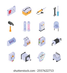 This set of isometric icons depicts various electrical components and tools