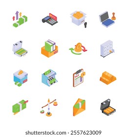 This set of isometric icons depicts various financial concepts and tools