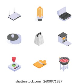 This set of isometric icons depicts various kitchen appliances, gaming gear, and home electronics.