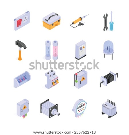 This set of isometric icons depicts various electrical components and tools