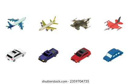 This is a set of isometric icons that depict various transportation vehicles, such as cars, airplanes, and fighter jets. The icons are in a isometric style and are of different colors and sizes.