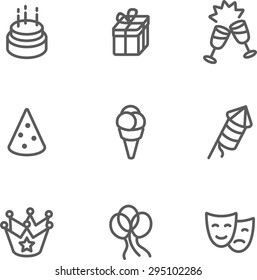 This is set of isometric linear design icons of birthday.There are 9 icons including cake, ice-cream, crown, gift box,glass with champagne,party hat, mask,balloon,firework