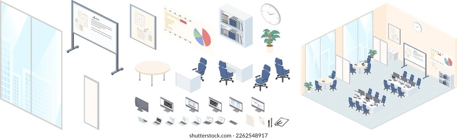 This is a set of isometric office illustrations (vector).