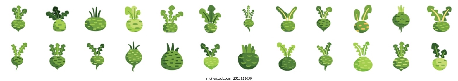 This set of kohlrabi cabbage icons is showing different vegetables with green leaves