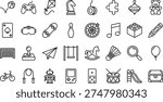 This is a set of line art icons featuring various objects and concepts in a vector design silhouette style. The icons include objects such as toys, games, music instruments, sports equipment, transportation, communication devices, technology, and more. The icons are designed in a simple and minimalist style, making them easy to recognize and use in various digital and print media applications.