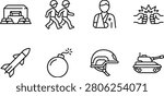 This is a set of line art icons depicting military elements, including a barracks, soldiers, medic, explosion, rocket, bomb, helmet, and tank, all