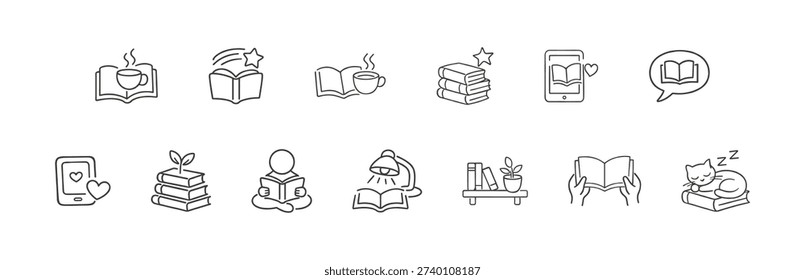 This set of line art icons illustrates different reading activities, from enjoying coffee with a book to digital reading and a sleeping cat on books