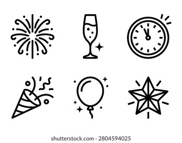 This is a set of line art icons depicting celebration elements including fireworks champagne a clock and party accessories on